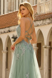 Spaghetti Straps A Line Green Long Prom Dress with Criss Cross Back