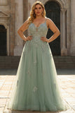 A Line Spaghetti Straps Grey Blue Long Prom Dress with Appliques