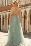 A Line Spaghetti Straps Grey Blue Long Prom Dress with Appliques