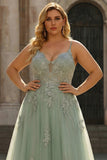 A Line Spaghetti Straps Grey Blue Long Prom Dress with Appliques