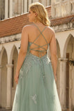 Spaghetti Straps A Line Green Long Prom Dress with Criss Cross Back