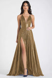 Sparkly Navy A Line Sequined V-Neck Maxi Prom Dress with Slit