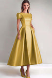 Dusty Sage A-Line Satin Short Sleeves Mother of the Bride Dress