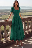 White Lace Square Neck Long Wedding Reception Dress with Sleeves