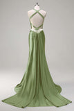 Pink Beaded Corset Satin Mermaid Sweep Train Prom Dress