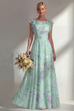 Ruffled Green Floral A Line Round Neck Long Bridesmaid Dress