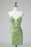 Dark Green Deep V Neck Applique Satin Mini Prom Dress