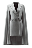 White Satin Peak Lapel Short Work Blazer Dress with Cape