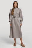 Midi Grey Pink High Neck Pencil Satin Work Dress with Belts
