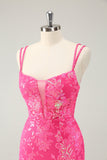 Gorgeous Hot Pink Bodycon Lace Up Glittler Short Prom Dress with Slit
