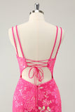 Gorgeous Hot Pink Bodycon Lace Up Glittler Short Prom Dress with Slit