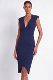 Navy Sheath V Neck Midi Work Dress