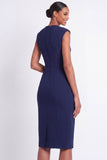 Navy Sheath V Neck Midi Work Dress