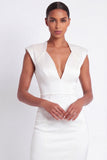 Navy Sheath V Neck Midi Work Dress