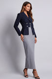 Navy 2 Piece Double Breasted Sheath Long Work Dress