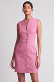 Pink Bodycon V Neck Short Work Dress with Buttons
