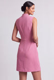 Pink Bodycon V Neck Short Work Dress with Buttons