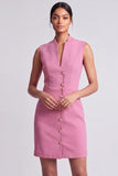 Pink Bodycon V Neck Short Work Dress with Buttons