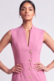Pink Bodycon V Neck Short Work Dress with Buttons