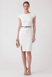 Round Neck Sheath White Short Work Dress with Slit