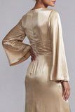 Champagne Satin A Line V Neck Long Mother of the Bride Dress