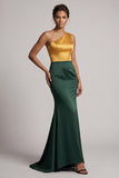 Green and Yellow Satin One Shoulder Long Formal Dress