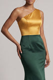 Green and Yellow Satin One Shoulder Long Formal Dress