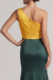 Green and Yellow Satin One Shoulder Long Formal Dress