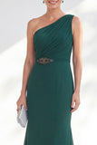 One Shoulder Ruched Green Mermaid Long Wedding Guest Dress