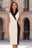 Black White Sheath V Neck Midi Work Dress