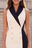 Black White Sheath V Neck Midi Work Dress