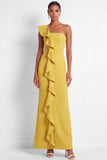 One Shoulder Yellow Ruffled Long Formal Dress