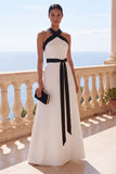 Black White A Line Halter Neck Long Formal Dress
