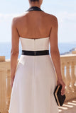 Black White A Line Halter Neck Long Formal Dress