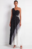 One Shoulder Black White Ruffled Tiered Long Formal Dress
