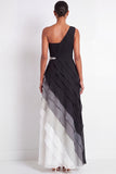 One Shoulder Black White Ruffled Tiered Long Formal Dress