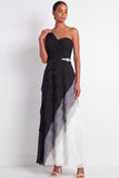 One Shoulder Black White Ruffled Tiered Long Formal Dress