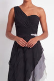 One Shoulder Black White Ruffled Tiered Long Formal Dress