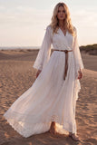 White V Neck Long Sleeves Western Wedding Dress with Lace