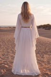 White V Neck Long Sleeves Western Wedding Dress with Lace