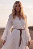 White V Neck Long Sleeves Western Wedding Dress with Lace