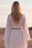 White V Neck Long Sleeves Western Wedding Dress with Lace