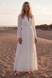 A Line White V Neck Western Wedding Dress