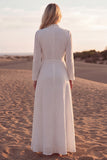 A Line White V Neck Western Wedding Dress