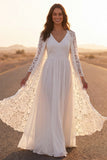 Lace White V Neck A Line Long Boho Wedding Dress