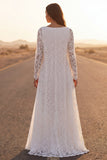 Lace White V Neck A Line Long Boho Wedding Dress