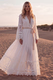 Lace White A Line V Neck Long Western Wedding Dress