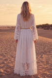 Lace White A Line V Neck Long Western Wedding Dress