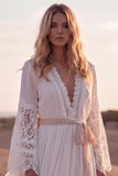 Lace White A Line V Neck Long Western Wedding Dress
