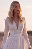 Floral A Line White Long Western Wedding Dress with Lace